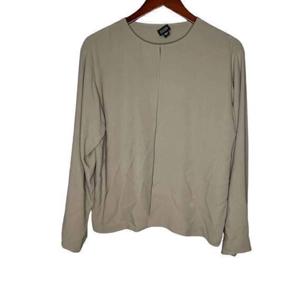 Eileen Fisher beige tan "stone" split front 100% silk open front shirt large